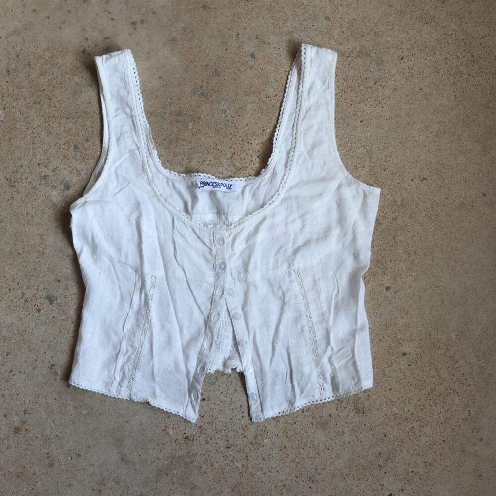 Y2K White Eyelet Bustier Tank Top Princess Polly Crochet Trim Button Front Sz 6